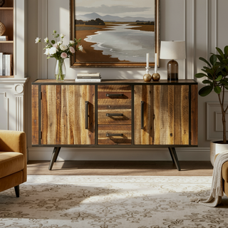 Sunvega Antique Acacia Finish Buffet Cabinet with Soft Close Drawers for Living Room