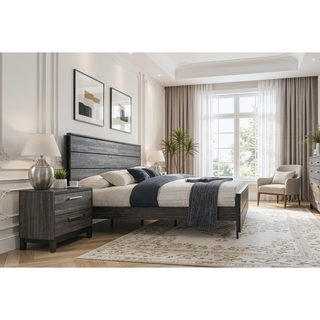 Sunvega Antique Grey Finish Wood King Bed Dresser Mirror Nightstand Set