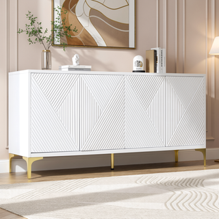 Sunvega White Modern High-Gloss Storage Cabinet with Carved Door Panels and Adjustable Shelves