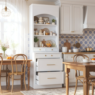 Sunvega Freestanding Tall Kitchen Pantry Cabinet with Faux Marble Top and 5 Storage Drawers