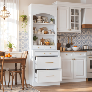 Sunvega Freestanding Tall Kitchen Pantry Cabinet with Faux Marble Top and 5 Storage Drawers