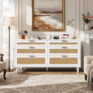 Sunvega 6 Drawer Rattan Dresser with Metal Handle and Wood Legs for Bedroom Storage