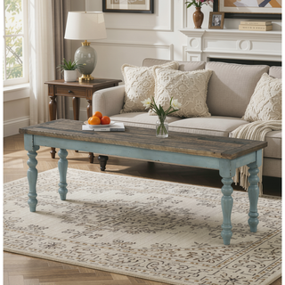Sunvega Antique Brown and Distressed Blue Upholstered Dining Bench with Turned Legs