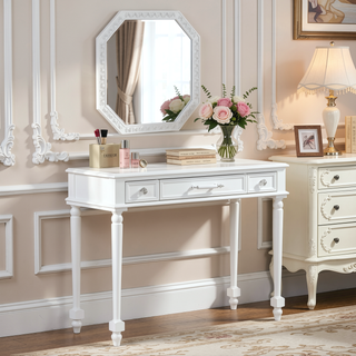Sunvega Elegant White Dressing Table with Large Mirror and 3 Drawers for Bedroom