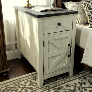 Sunvega Farmhouse End Table with Charging Station, Barn Door, and Drawer for Bedroom