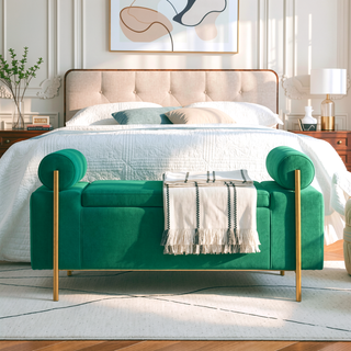 Sunvega Elegant Upholstered Linen Storage Bench with Cylindrical Arms and Iron Legs