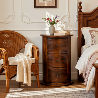 Sunvega Solid Mango Wood Chestnut Finish Three-Drawer Drum Chest Table