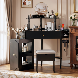 Sunvega Corner Vanity Desk Set with Storage Stool Charging Station and Glass Tabletop