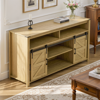 Sunvega Farmhouse Sideboard with Sliding Barn Door Mesh Panels and Open Storage