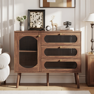 Sunvega Natural Wood Accent Cabinet with 3 Drawers and Storage Shelves