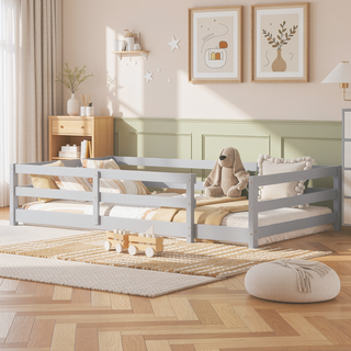 Sunvega Full Size Floor Bed with Fence for Kids Made of Sturdy Pine Wood