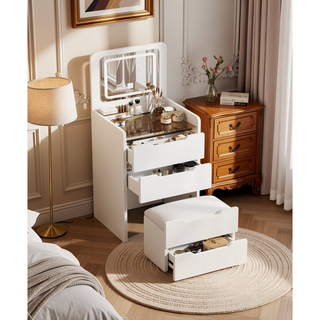 Sunvega 3 in 1 Vanity Desk with Flip Top Mirror and Glass Desktop for Bedroom