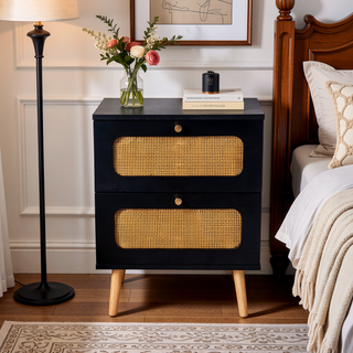 Sunvega Rattan Nightstand with Two Handmade Decorated Drawers for Bedroom and Living Room