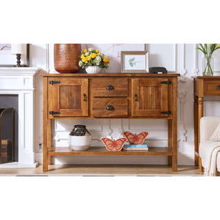 Sunvega Retro Style Solid Pine Wood Sideboard Console Table with 2 Drawers and Cabinets