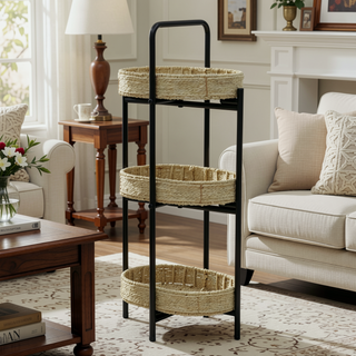 Sunvega 3 Tier Oval Paper Rope Woven Side Table with Detachable Tray Storage Basket