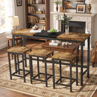 Sunvega Modern Kitchen Dining Table Set with 3 Hanging Stools and Color-Blocking Tabletop