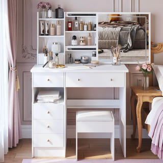 Sunvega Small Size Left Drawer Vanity Table with Cushioned Stool and LED Mirror