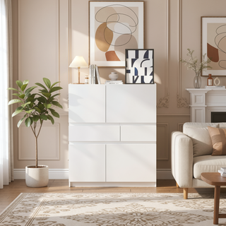 Sunvega White Wooden Storage Cabinet with 4 Doors and 2 Drawers for Living Room