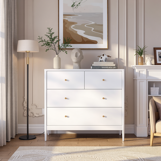 Sunvega White 4-Drawer Kids Dresser with Antique Brass Pulls and Tip Restraint Kit