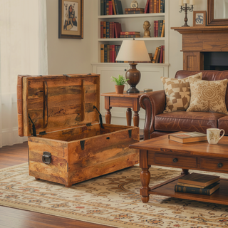 Sunvega Buffalo Hide Leather Upholstered Solid Mango Wood Storage Trunk