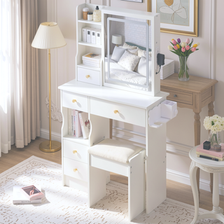 Sunvega Small Size Left Drawer Vanity Table with Adjustable LED Mirror and Stool