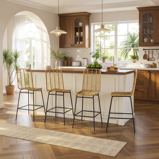 Sunvega Set of 4 Rattan Bar Stools with Breathable Wicker Seat and Back for Kitchen