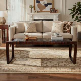 Sunvega Mid-Century Modern Tan Leather Bench with Solid Wood Frame and Tapered Legs
