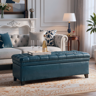 Sunvega Blue Fabric Storage Ottoman with Birch Legs for Living Room Seating