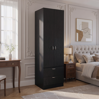 Sunvega Modern Black Wardrobe with Hanging Rod, Two Drawers, and One Shelf