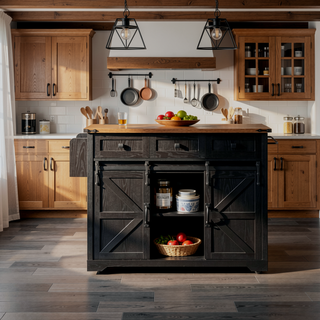 Sunvega Farmhouse Kitchen Island with Power Outlet Sliding Barn Doors and Drop Leaf