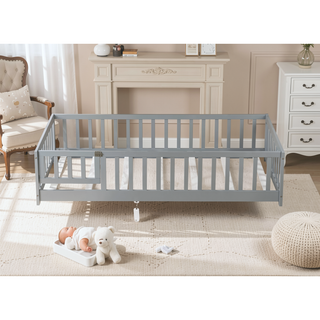 Sunvega Natural Rubber Wood Twin Size Floor Bed with Safety Guardrails and Door