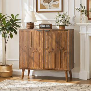Sunvega Walnut Farmhouse Buffet Cabinet with Slatted Door Design for Kitchen Dining Room