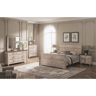 Sunvega White Wash Finish Queen Sleigh Bed Dresser Mirror Nightstand Chest Set