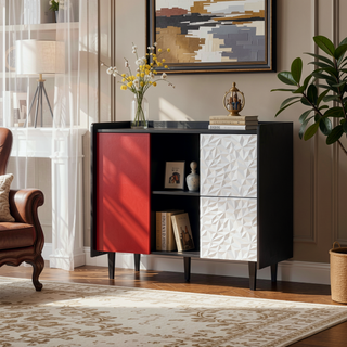 Sunvega Black and Red Modern Sideboard Buffet Cabinet with 2 Drawers
