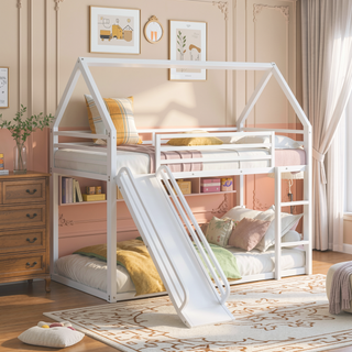 Sunvega Twin over Twin House Bunk Bed with Ladder and Slide in White