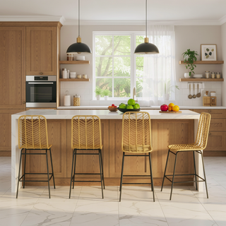 Sunvega Set of 4 Rattan Bar Stools with Breathable Wicker Seat and Back for Kitchen