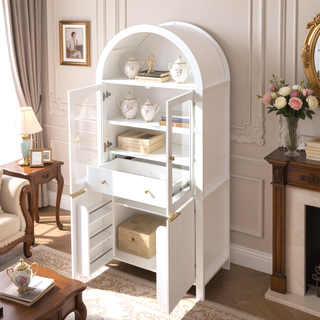 Sunvega Elegant Fluted Tall Arched Pantry Cabinet with Adjustable Shelves