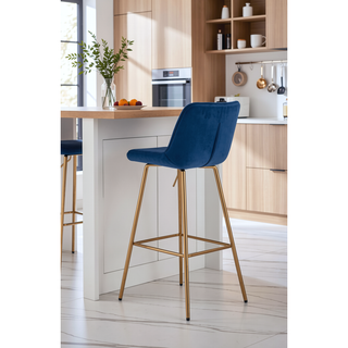 Sunvega 30 inch Set of 2 Blue Velvet Bar Stools with Chrome Footrest and Golden Legs