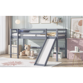 Sunvega Grey Twin Low Loft Bed with Slide, Ladder, and Safety Guardrails