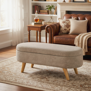Sunvega 43.3" Teddy Fleece Upholstered Storage Ottoman Bench with Hidden Compartment and Wood Legs