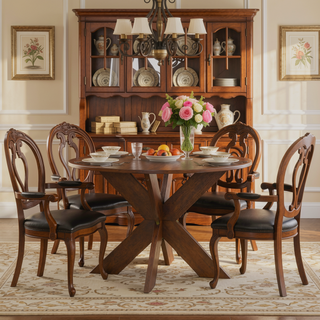 Sunvega Modern Farmhouse Round Dining Table in Cherry for Kitchen Seating 5