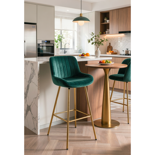 Sunvega Set of 2 Velvet Fabric Bar Stools with Chrome Footrest and Golden Legs