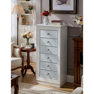 Sunvega White Finish Jewelry Armoire with Mirror and Velvet Lined Storage