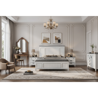 Sunvega Modern Farmhouse King Bedroom Set with Dresser Mirror and Two Nightstands