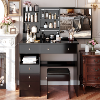 Sunvega Small Size Left Drawer Vanity Table with Cushioned Stool and Sliding Mirror