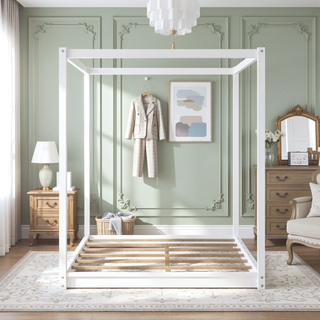 Sunvega White Queen Size Canopy Platform Bed with Support Legs and Sturdy Frame
