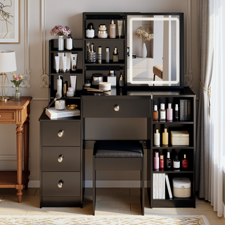 Sunvega 41 Inch Large Size Left Bedside Cabinet Vanity Table with Cushioned Stool