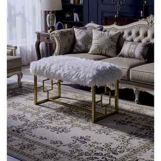 Sunvega Gold Finish Metal Base Armless Backless Lounge Bench with White Faux Fur