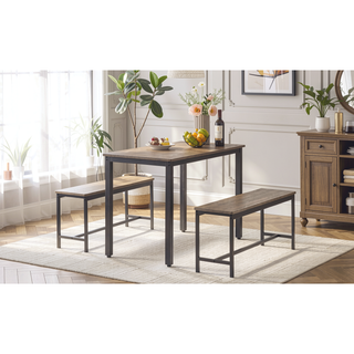 Sunvega Industrial Natural and White Dining Table Set with 2 Benches for Kitchen