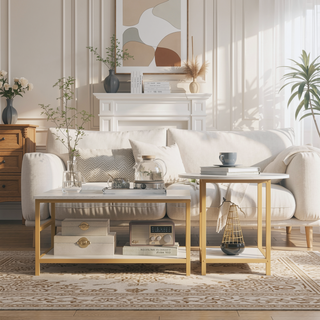 Sunvega Faux Marble and Gold Steel Frame 2-Tier Storage Coffee Table Set of 2